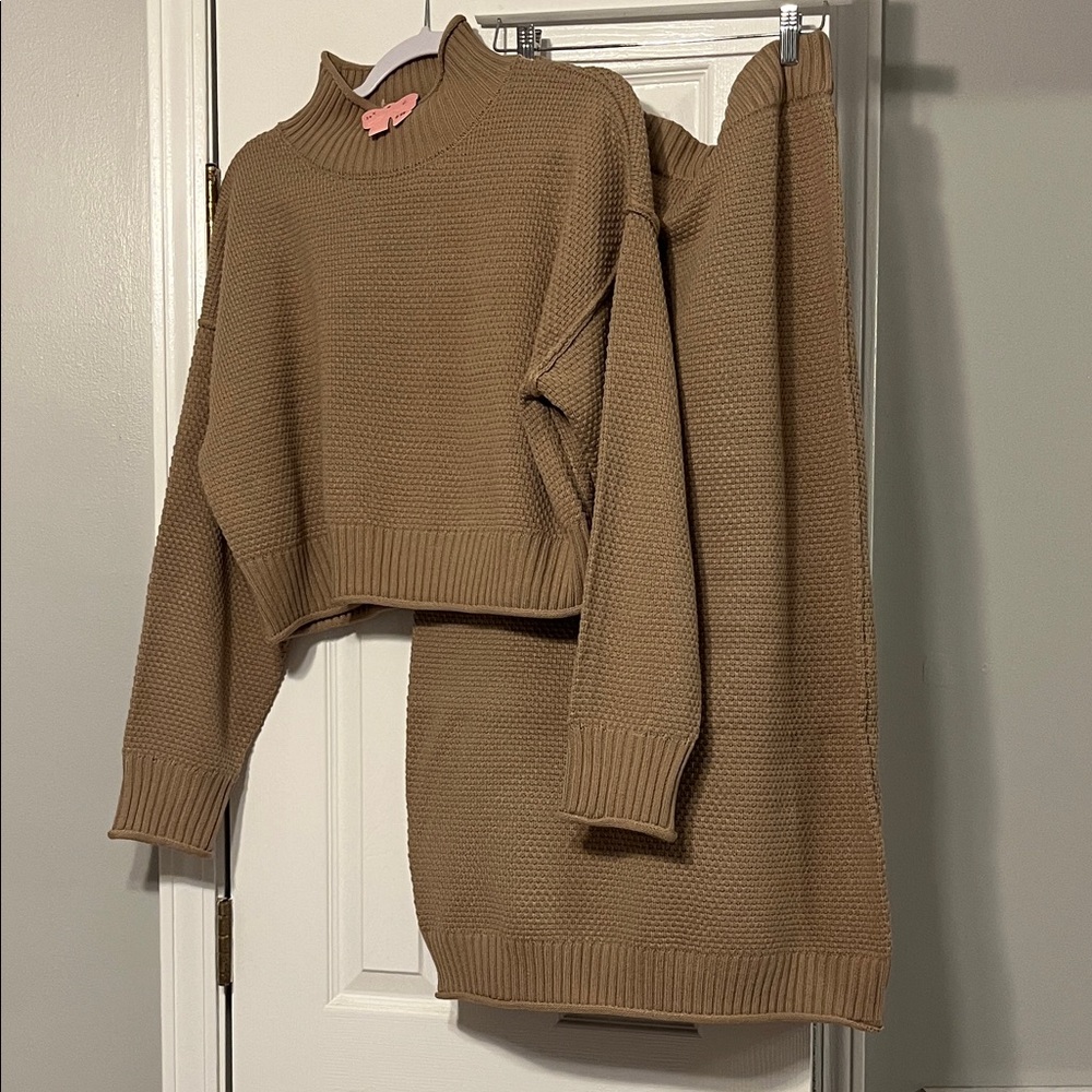 Cozy Tan Knit Sweater and Skirt Set - Picture 1 of 5